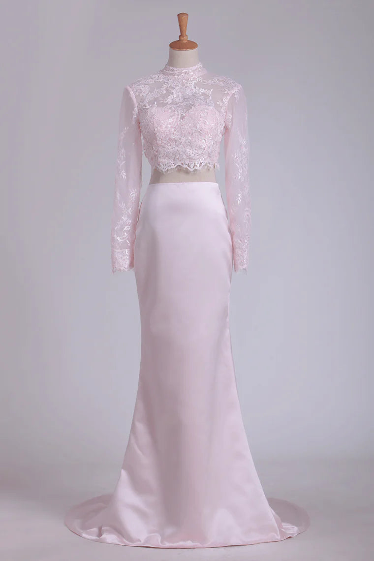 Two Pieces High Neck Long Sleeves Mermaid Party Dresses Satin With Applique